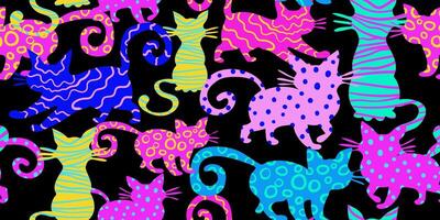 abstract seamless pattern with colorful psychedelic cats and swirling art patterns on black background vibrant surreal feline design vector