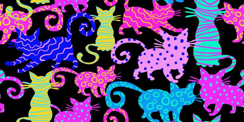 abstract seamless pattern with colorful psychedelic cats and swirling art patterns on black background vibrant surreal feline design