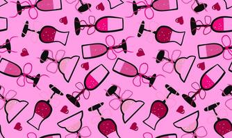 glamorous drawn seamless pattern with champagne glasses, bows, and hearts on a pink background vector
