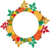 autumn round banner with pumpkins and colorful leaves, fall frame design, illustration for greeting card, invitation vector