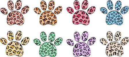 leopard print cat paw set colorful animal footprint elements in trendy pop colors for fashion, kids design, stickers, sublimation and textile vector