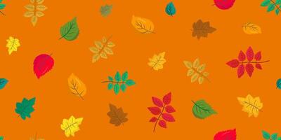 seamless pattern with colorful autumn leaves on orange background, fall foliage design, repeating autumnal leaf illustration cards textile wrapping paper vector