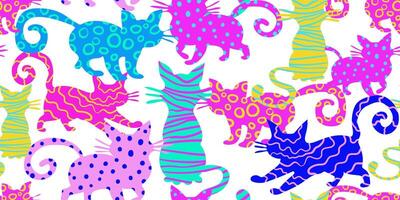 bright seamless pattern with colorful abstract cat silhouettes in playful artistic textures on white background whimsical modern textile and surface design vector
