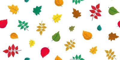 simple hand-drawn modern seamless pattern with colorful autumn leaves white background, easy contemporary fall foliage design, repeating painted autumnal leaf vector