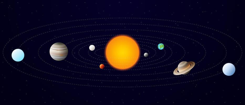 Beautiful Realistic Solar System Illustration. Mercury, Venus, Earth, Mars, Jupiter, Saturn, Uranus, and Neptune Planets Rotating Around the Sun