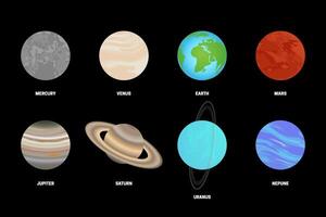 Collection of Every Planet in the Solar System on Black background. Flat Illustration with Planets Name. vector