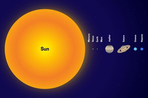 Sun and Planet Size Proportions or Comparison Flat Illustration of the Solar System. The Size of the Sun Compared to the Planets Realistic Colorful Illustration with Planet Names