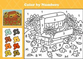 Cozy autumn color by number game with pumpkin, sunflower, and suitcase in a fall garden for kids vector