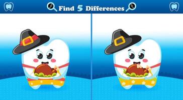 Find the Differences Game with Cute Tooth and Thanksgiving Day vector