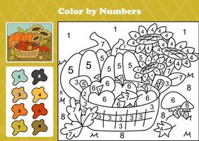 Cozy autumn garden scene with sunflowers, pumpkins, apples, and mushrooms as a color by numbers activity vector