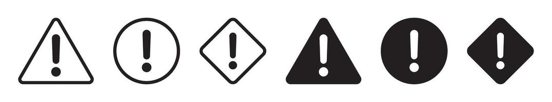 Warning sign and symbol. Exclamation mark in triangle, circle and rombus. Alert icon. vector