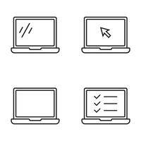 Laptop line icons set. Laptop with cursor on screen. Laptop with checklist on screen. vector