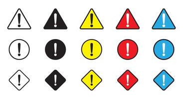 Warning sign and symbol. Exclamation mark in triangle and circle. Black, yellow, blue and red color alert icon. vector