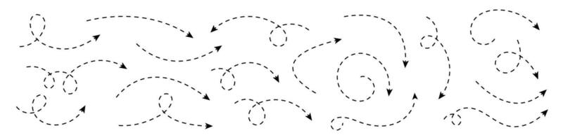Collection of dashed curved hand drawn arrows collection. vector