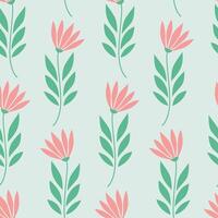 Seamless floral pattern with pink petal flowers and green leaves on light background in modern flat style vector