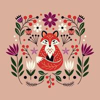 Folk art style illustration of a fox surrounded by decorative flowers, leaves, and berries in a colorful symmetrical composition vector