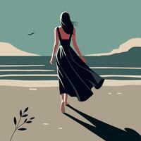 Elegant artwork of a woman walking barefoot on a beach in a flowing dress. Serene and minimalist coastal scene, perfect for decor and editorial use. vector
