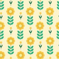 Seamless floral pattern with yellow flowers and green leaves on cream background in playful flat design vector
