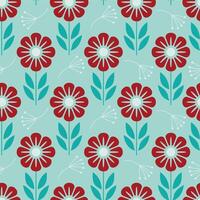 Seamless floral pattern with red flowers and teal leaves on light blue background in flat retro style vector