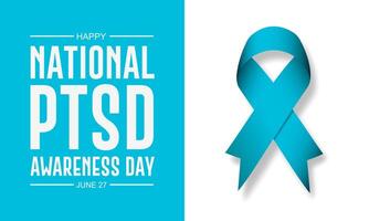 PTSD awareness day June 27 with green ribbon on the right text vector