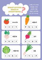 fun Printable worksheet for kids to search and complete the missing first letters of vegetable names perfect for fun learning early writing and word recognition activities vector