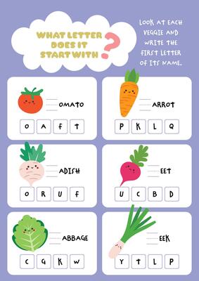fun Printable worksheet for kids to search and complete the missing first letters of vegetable names perfect for fun learning early writing and word recognition activities