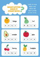 Fun printable worksheet for kids to find and complete the missing first letters of fruit names designed to support early reading writing and fruit name recognition skills vector