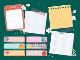 Cute kawaii journaling set featuring pastel notes, stickers, and labels in soft colors, perfect for planners, scrapbooks, school projects, and creative decorative uses vector