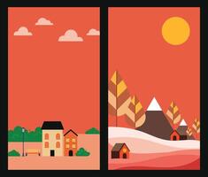 Wallpaper layout showing a city skyline blended with natural scenery in sunset-inspired warm tones, ideal for creative design projects needing a warm and peaceful visual vector