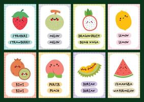 Printable flashcard set for kids to learn fruit names in Indonesian and English great for early bilingual learning activities language recognition and vocabulary building vector