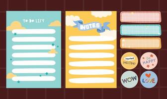 Kawaii journaling set in pastel tones with cute notes, stickers, and labels designed for planners, scrapbooks, school projects, and creative decorative applications vector