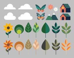 A collection of design elements including clouds houses leaves and trees suitable for creative projects nature themes landscape decorations and artistic compositions. vector