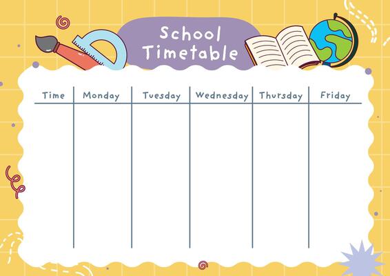 Printable school time table layout for kids to organize daily schedules and get ready for back to school season with a fun and functional template that supports learning and time management