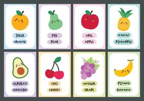 Printable flashcard set for kids to learn fruit names in Indonesian and English great for early bilingual learning activities language recognition and vocabulary vector