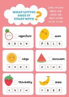 Cute printable worksheet for kids to find and complete the missing first letters of fruit names designed to support early reading writing and fruit name recognition skill vector