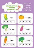 Printable worksheet for kids to search and complete the missing first letters of vegetable names perfect for fun learning early writing and word recognition activities vector