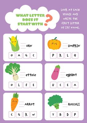 Printable worksheet for kids to search and complete the missing first letters of vegetable names perfect for fun learning early writing and word recognition activities