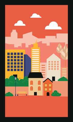 City poster layout with warm tones inspired by sunset featuring buildings and skyline in soft orange and yellow gradients creating a calm and atmospheric urban mood