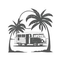 Camping bus with palm trees and the sun on a white background vector