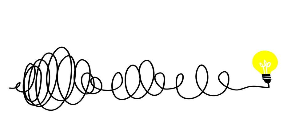 Creative bulb on doodle style. the concept of transition from complicated to simple with yellow bulb lamp Symbol of idea, innovation, creativity