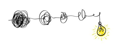 Creative bulb on doodle style. the concept of transition from complicated to simple with yellow bulb lamp. Symbol of idea, innovation, creativity, vector