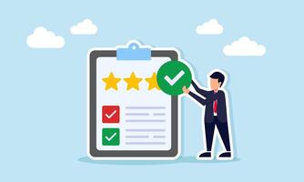 Businessman holding checkmark beside clipboard with star-marked document illustration of business quality standard validation and verification vector
