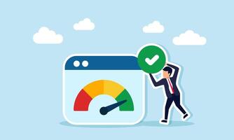 Businessman Holding Checkmark Next to Application Interface Displaying Level Indicator to Measure Business Performance Progress vector