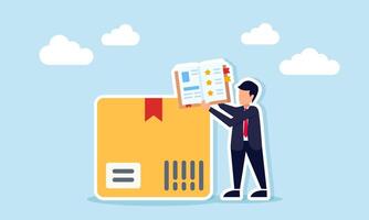 Businessman Holding Open Book with Star Checklist Beside Package Box Illustration of Logistics Business Standardization Guide vector