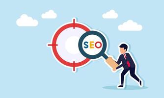 Businessman Standing Beside Target Icon Holding Magnifying Glass to Analyze SEO Text Illustration of Keyword Research for Optimization vector