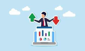 Businessman behind laptop showing app interface with graph holding up and down arrows illustration of business company performance fluctuation by digital data vector