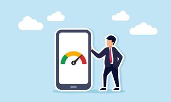 Businessman standing beside smartphone displaying performance indicator digital finance monitoring evaluation analysis illustration vector