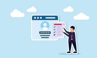 Businessman standing next to login app interface holding paper with list of completed and pending tasks illustration of app security for completing business projects digitally vector