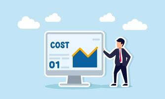 Businessman Standing Beside Monitor Displaying COST Text and Graph Representing Business Expense Performance Analysis vector