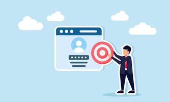Businessman standing next to login app interface holding target board illustration of app security for achieving business goals digitally vector